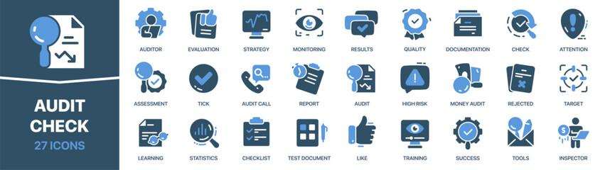 Fototapete - Audit and check colored signed icon collection. Evaluation, like, assessment, statistics, quality icons. UI icon set. Colored icons pack. Vector illustration