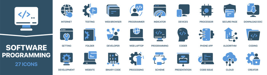Software and programming colored signed icon collection. Coding, developer, website, algorithm, device icons. UI icon set. Colored icons pack. Vector illustration