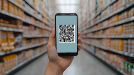 A Person Holding a Smartphone with a QR Code in an Aisle of a Grocery Store Surrounded by Shelves Full of Food Products