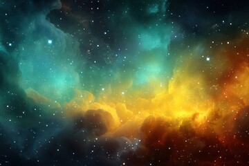 ethereal celestial nebula with vibrant hues of turquoise gold and orange cosmic cloudscape backgroun