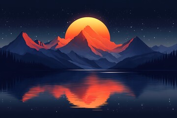 Wall Mural - Scenic Mountain Landscape with Lake Reflection and Stars at Night, Vibrant Color
