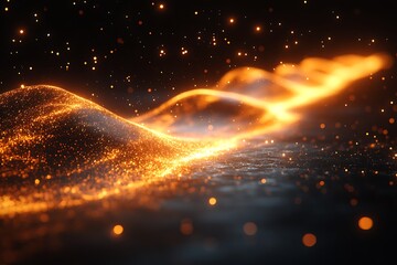 Wall Mural - Abstract Landscape with Wavy Flowing Shiny Golden Particles Against Dark Backdrop