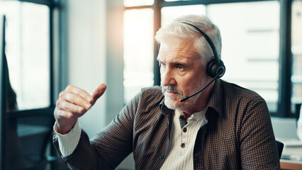 Poster - Call center, mature man and talking with microphone for customer service, lead generation and online advice. Insurance agent, employee and headset for inbound query, policy support or explain product