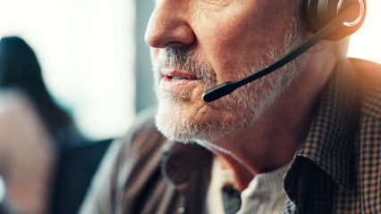 Poster - Customer service, man or mouth talking with headset at call center for support, loan advice or FAQ. Closeup, sales agent and microphone for inbound query, online assistance or insurance plan help