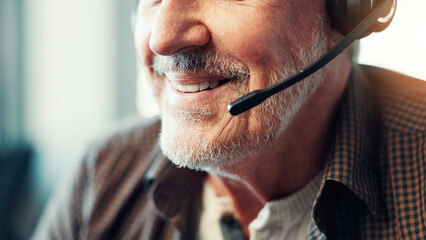 Poster - Customer service, mature man or mouth with headset at call center for support, loan advice or FAQ. Closeup, happy sales agent and microphone for inbound query, online assistance or insurance plan