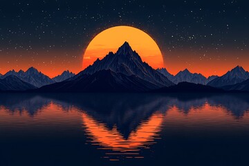 Wall Mural - Serene Mountain Lake Reflection at Sunset with Starry Sky and Silhouette Peaks