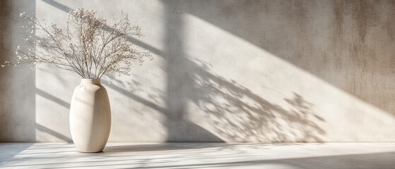 Canvas Print - serene interior scene featuring a stylish vase with delicate dried flowers casting soft shadows on a