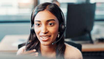 Poster - Computer, woman and talking with microphone at call center for technical support, online assistance or FAQ. Friendly agent, employee and headset for inbound query, customer service or troubleshooting