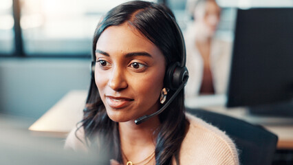 Poster - Computer, woman and talking with headset at call center for technical support, virtual assistance and help desk. Consultant, person and microphone for inbound query, customer service or online advice