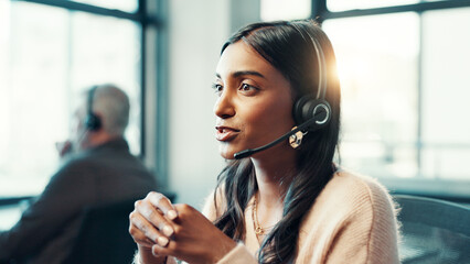 Poster - Telemarketing, woman and talking with microphone at call center for customer inquiry, product knowledge and FAQ. Consultant, employee and headset for online assistance, contact us or outbound calling
