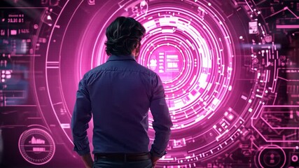 Man contemplates futuristic digital interface