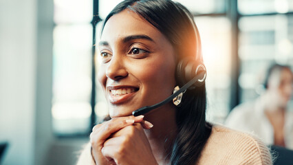 Poster - Customer service, woman and consulting with microphone at call center for online advice, FAQ or help desk assistance. Flare, agent and headset for inbound query, contact us and listening to question