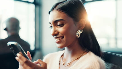 Aufkleber - Phone, typing and smile with business woman in office for networking, deal closure and client feedback. Communication, search and connection with person in agency for chat, notification and contact