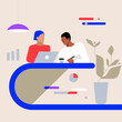 © Irina Kruglova - coworking spaceteam collaborationoffice illustrationmodern workplacebusiness meetingflat designminimalist vector artcorporate diversitydata presentationcreative workspacereading at