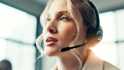 Poster - Woman, call center and contact with headset in office for legal advisory service with problem solving at agency. Person, consultant and voip mic with insight, law and help desk with customer support