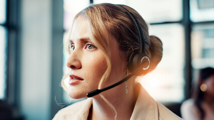 Poster - Woman, call center and listen with headset in office for legal advisory services with professional insight at agency. Person, consultant and voip mic for contact us, law and support at help desk