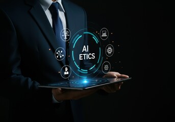 businessman holding tablet showing artificial intelligence ethics concept