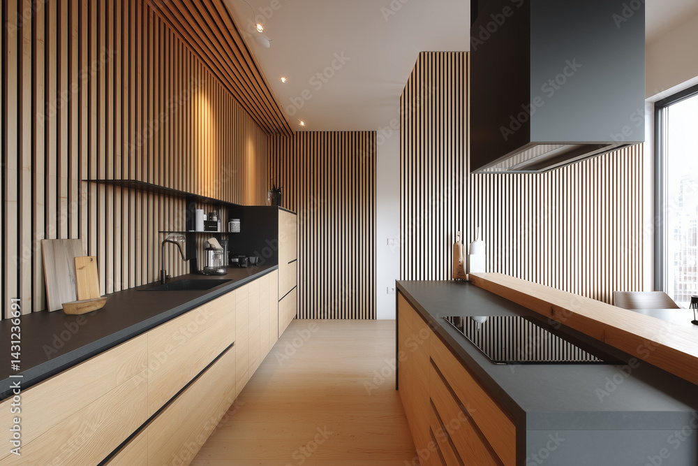 minimalist interior design with kitchen cabinets and wood slat wall ...