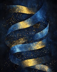 Wall Mural - elegant swirl of blue and gold ribbons on a dark background creating a festive and luxurious visual 