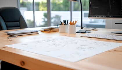 A clean, wooden desk with a computer monitor and a sheet of paper with hand-drawn website designs