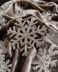 Wall Mural - elegant winter scene with sparkling snowflakes on soft velvet fabric creating a festive holiday atmo