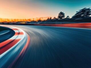 dynamic motion blur on racetrack curve with vibrant sunset sky and blurred trees creating a sense of