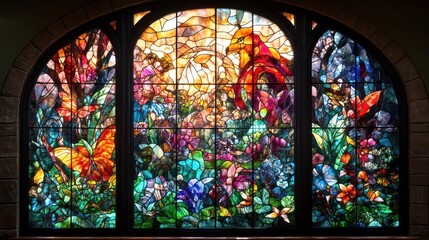 Wall Mural - Vibrant stained glass window depicting a lush garden scene with figures and birds, rich colors and intricate details