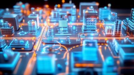 Aufkleber - Urban landscape depicts a vibrant, high tech city with glowing skyscrapers, interconnected roads, and bright lights, showcasing advanced architecture and digital elements at night.