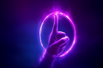 Wall Mural - Hand Pointing Upward within Neon Circle Glowing in Dark Blue and Purple Backdrop