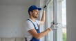 © SerPak - Young caucasian male worker installing window in modern apartment.