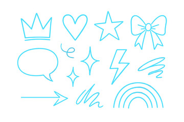 Leinwandbilder - Light blue outlined doodle icons set featuring crown, heart, star, bow and other vector elements