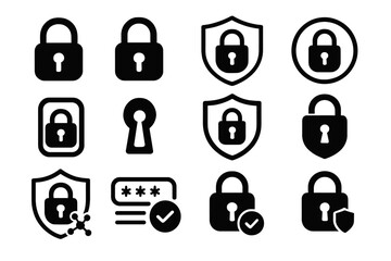 Aufkleber - Collection of black lock icons representing security and protection concepts for digital applications