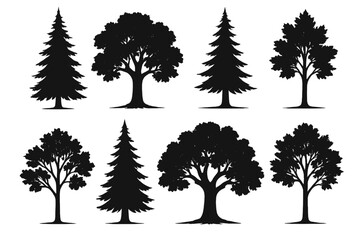 Aufkleber - Icon set featuring various silhouettes of trees in distinct shapes and sizes, suitable for design projects