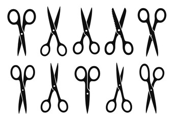 Poster - Black and white icon set featuring various types of scissors suitable for design and creative projects