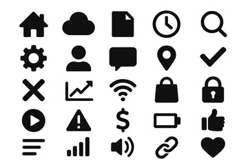 Fototapete - Icon set featuring various symbols for communication, technology, and navigation in a minimalist design