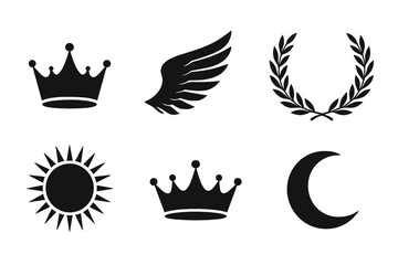 Fototapete - Icon set featuring crowns, wings, sun, moon, and laurel in minimalistic design for creative projects
