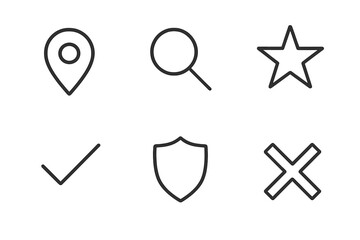 Leinwandbilder - Icon set featuring location marker, magnifying glass, star, check mark, shield, and cross for digital interface design