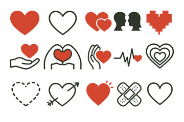 Poster - Icon set showcasing various heart symbols and expressions of love in simple designs for creative projects