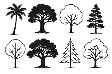 Poster - Various tree and palm icons illustrated in black, showcasing diverse shapes and styles suitable for design projects