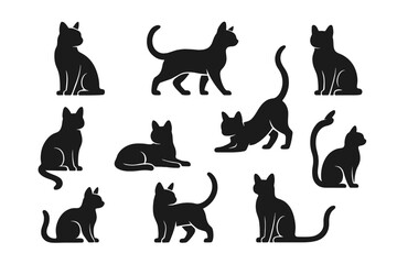 Poster - Icon set featuring various silhouettes of cats in playful and resting poses for design projects