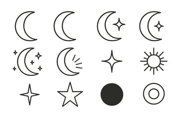 Fototapete - Icon set featuring various moon phases, stars, and the sun in a minimalist design for creative projects