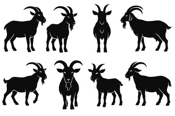 Poster - Unique black silhouette icons of goats presenting different postures and expressions in a clean design style