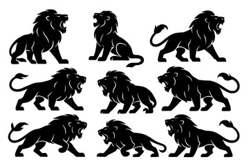 Fototapete - Icon set showcasing various lion silhouettes in dynamic poses emphasizing strength and majesty