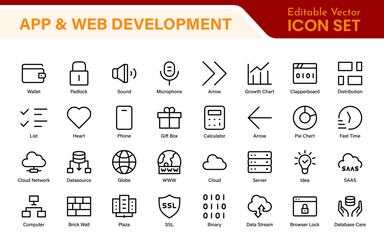 Professional App Web Development Icons – Modern Outline Vector Set for UI, UX, Programming, Websites, Coding, Digital Products, and Software