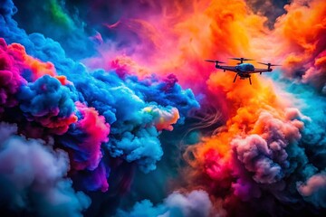 Wall Mural - abstract colorful smoke puffs: vibrant blue, purple, pink, orange on dark background - drone aerial 