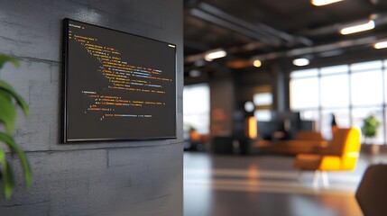 A modern office space with a screen displaying lines of code on a wall.  The background is blurred, showing comfortable seating and large windows, suggesting a relaxed, innovative workplace.