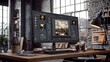 © Aditya - A modern workspace featuring a large ultrawide monitor displaying photo editing software, a sleek keyboard, and stylish desk lamp.  The backdrop is a rustic industrial-style loft apartment.