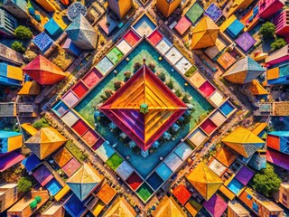 Sticker - aerial drone shot: symmetrical mosaic of colorful pyramids & geometric shapes