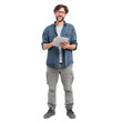 © Marin Studio - A man stands holding a tablet in front of him, wearing glasses, a shirt, cargo pants, and shoes on a solid background.