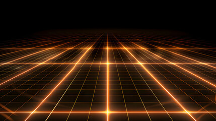 Perspective view of a glowing orange grid pattern against a dark black background and horizon line